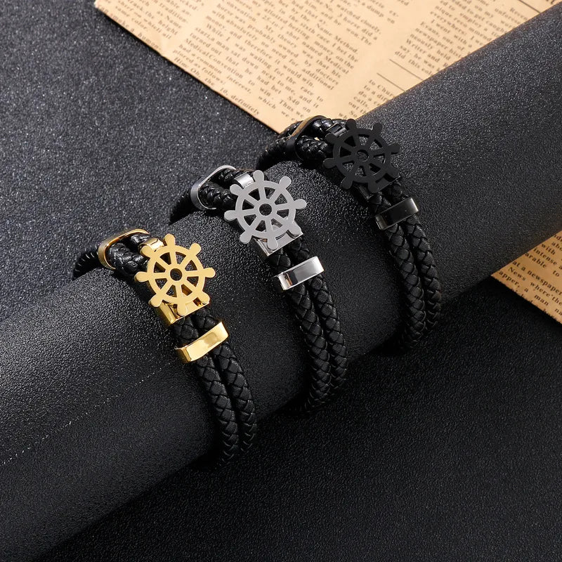 Simple Style Commute Color Block Pu Leather Titanium Steel Plating 18K Gold Plated Men'S Bracelets