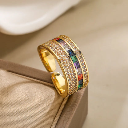 Simple Style Commute Colorful Copper Plating Inlay Zircon 18k Gold Plated Open Rings