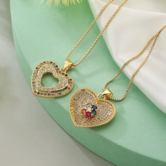 Simple Style Commute Colorful Heart Shape Copper Plating Inlay Zircon 18k Gold Plated Pendant Necklace