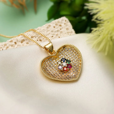 Simple Style Commute Colorful Heart Shape Copper Plating Inlay Zircon 18k Gold Plated Pendant Necklace