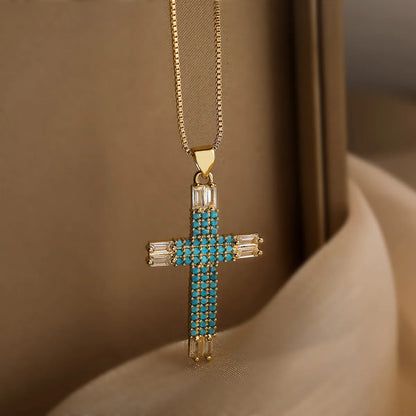 Simple Style Commute Cross Copper Plating Inlay Artificial Pearls Zircon 18k Gold Plated Pendant Necklace