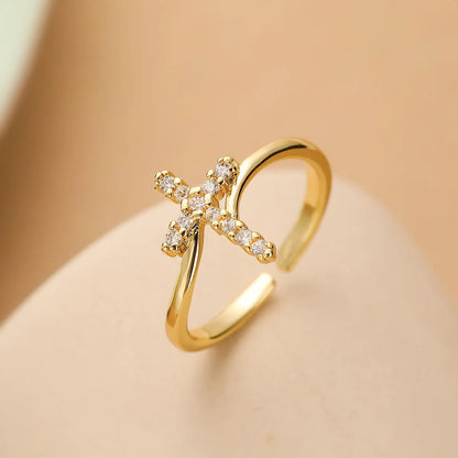 Simple Style Commute Cross Copper 18k Gold Plated Zircon Open Rings In Bulk