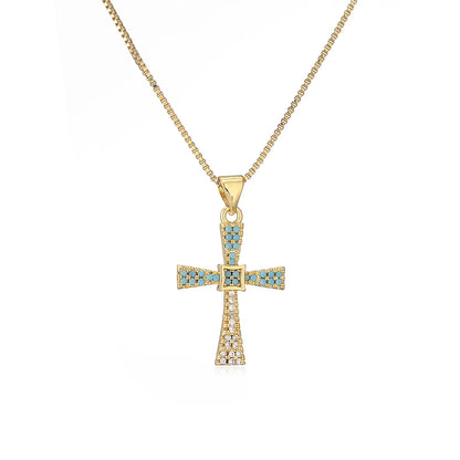 Simple Style Commute Cross Copper 18k Gold Plated Zircon Pendant Necklace In Bulk