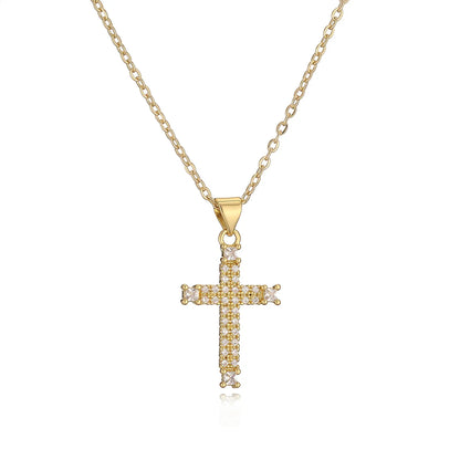 Simple Style Commute Cross Copper Plating Inlay Zircon 18k Gold Plated Pendant Necklace