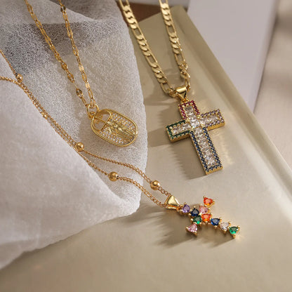 Simple Style Commute Cross Copper Plating Inlay Zircon Pendant Necklace