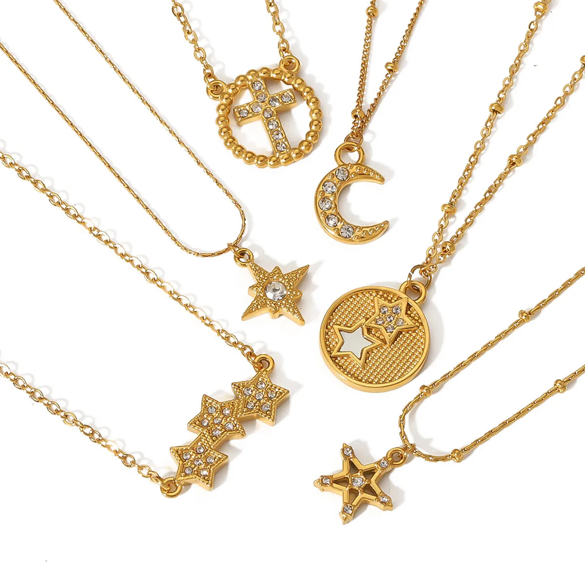 Simple Style Commute Cross Star Moon Stainless Steel Polishing Plating Inlay Zircon 18k Gold Plated Pendant Necklace