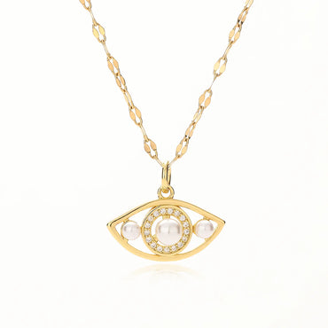 Simple Style Commute Devil's Eye Copper Plating Hollow Out Inlay Artificial Pearls Zircon 18k Gold Plated Pendant Necklace