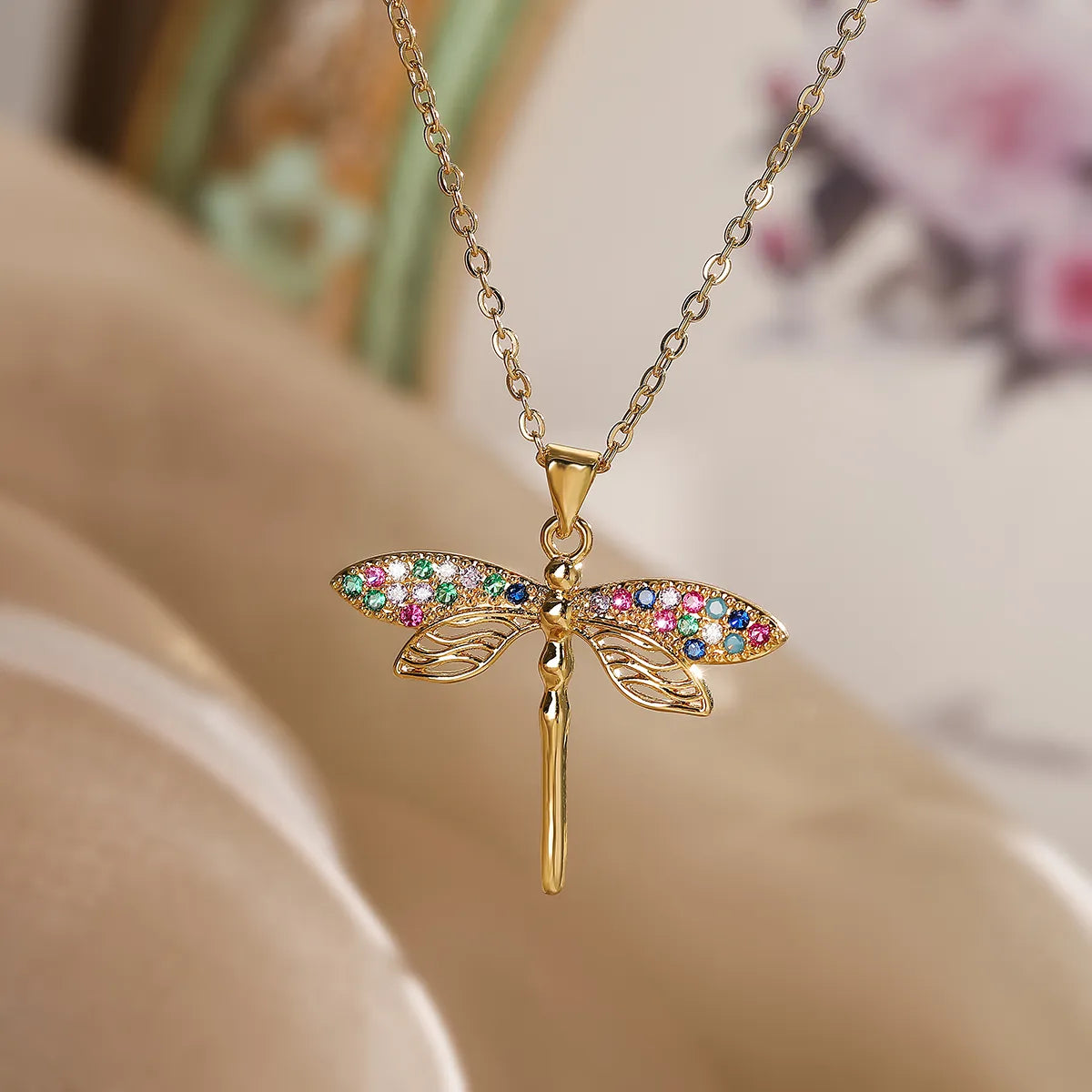 Simple Style Commute Dragonfly Copper Plating Inlay Zircon 18k Gold Plated Pendant Necklace