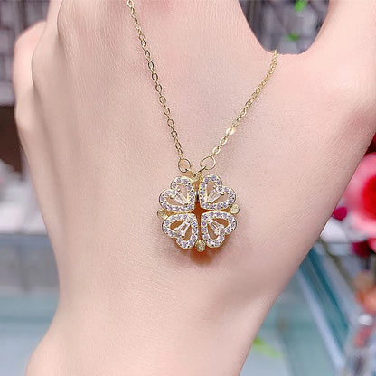 Simple Style Commute Four Leaf Clover Heart Shape Alloy Iron Plating Hollow Out Inlay Rhinestones Gold Plated Silver Plated Women's Necklace