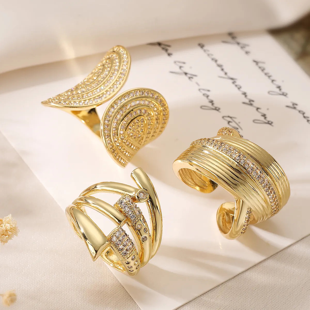 Simple Style Commute Geometric Copper Plating Inlay Zircon 18k Gold Plated Open Rings