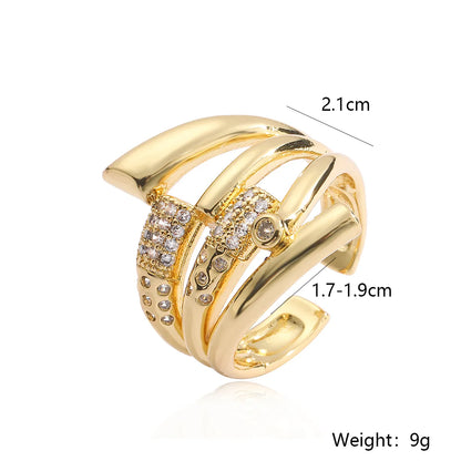 Simple Style Commute Geometric Copper Plating Inlay Zircon 18k Gold Plated Open Rings