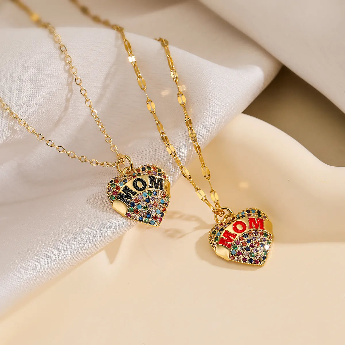 Simple Style Commute Heart Shape Copper Enamel Plating Inlay Zircon 18k Gold Plated Pendant Necklace