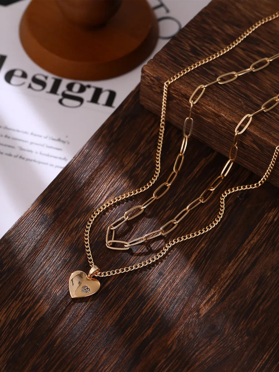 Simple Style Commute Heart Shape Copper Inlay Zircon Layered Necklaces