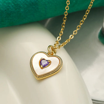 Simple Style Commute Heart Shape Copper Plating Inlay Shell Zircon 18k Gold Plated Pendant Necklace