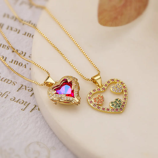 Simple Style Commute Heart Shape Copper 18k Gold Plated Zircon Pendant Necklace In Bulk