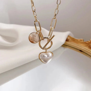 Simple Style Commute Heart Shape Titanium Steel Inlay Shell Layered Necklaces