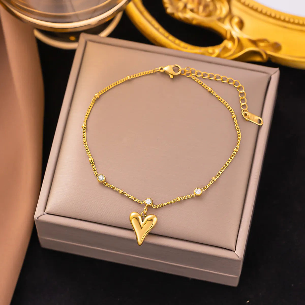 Simple Style Commute Heart Shape 304 Stainless Steel Plating Chain Artificial Rhinestones 18K Gold Plated Women'S Anklet