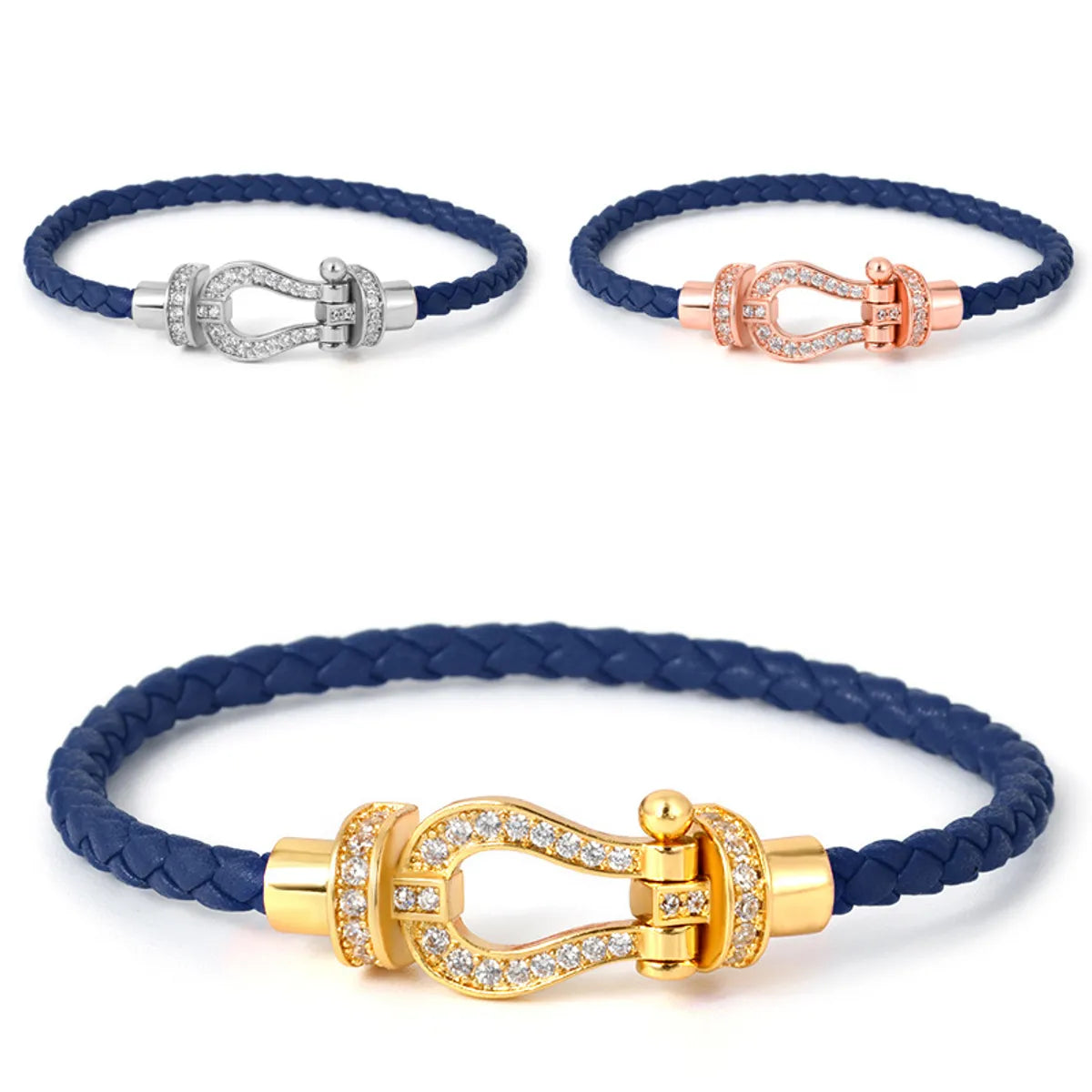 Simple Style Commute Horseshoe Zircon Leather Rope Copper Wholesale Bangle