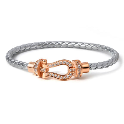 Simple Style Commute Horseshoe Zircon Leather Rope Copper Wholesale Bangle