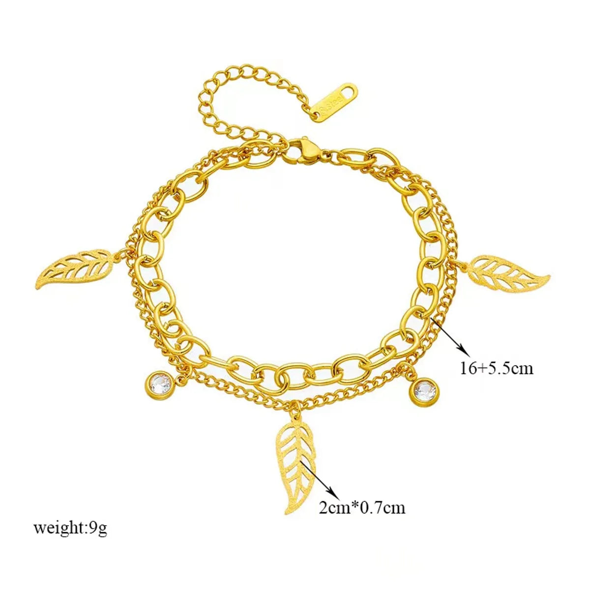 Simple Style Commute Leaves Titanium Steel Hollow Out Inlay Artificial Rhinestones 18k Gold Plated Bracelets