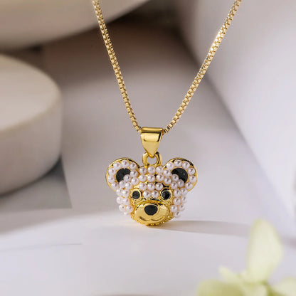 Simple Style Commute Little Bear Copper 18k Gold Plated Artificial Pearls Zircon Pendant Necklace In Bulk