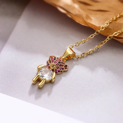 Simple Style Commute Little Bear Copper Plating Inlay Zircon 18k Gold Plated Pendant Necklace