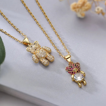 Simple Style Commute Little Bear Copper Plating Inlay Zircon 18k Gold Plated Pendant Necklace