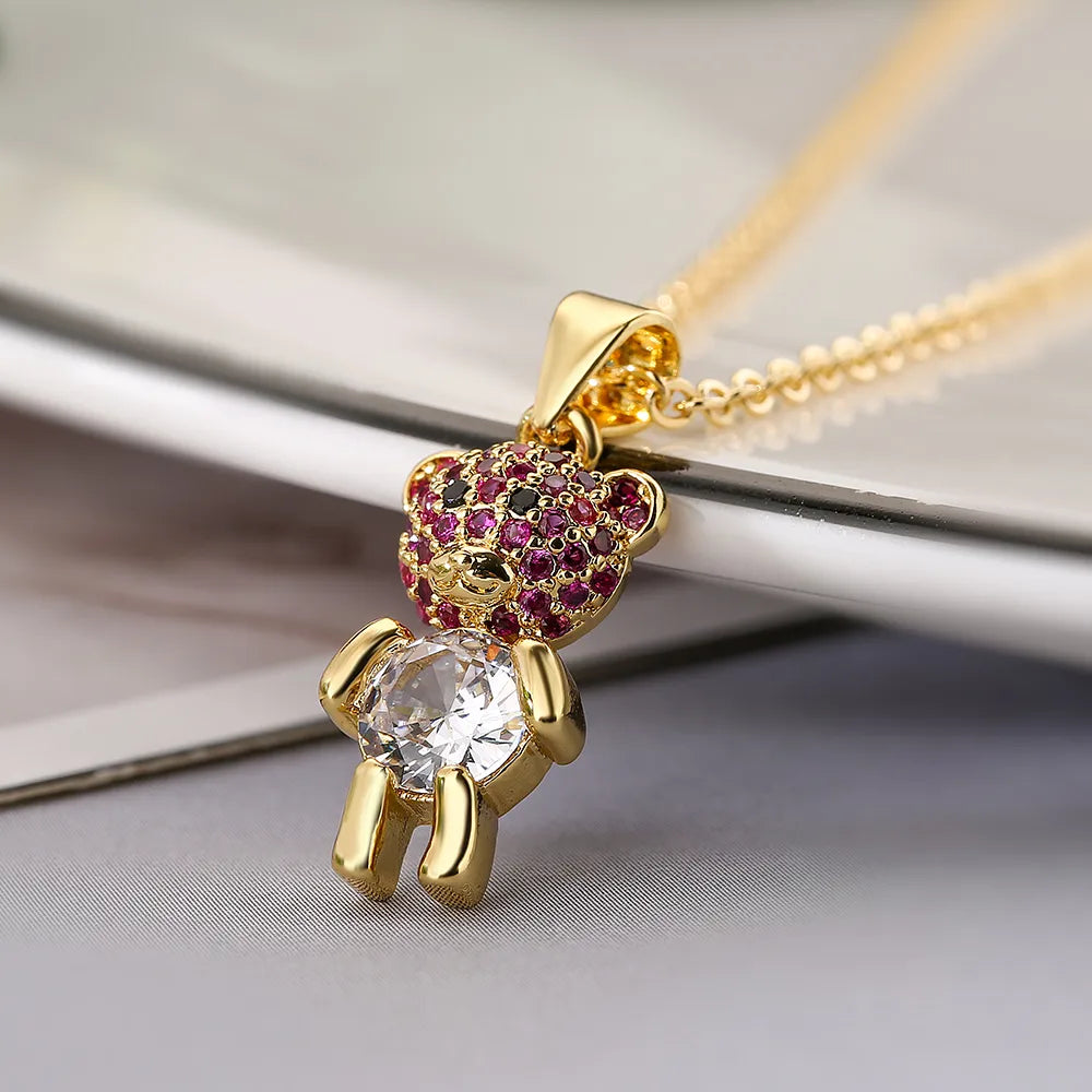 Simple Style Commute Little Bear Copper Plating Inlay Zircon 18k Gold Plated Pendant Necklace