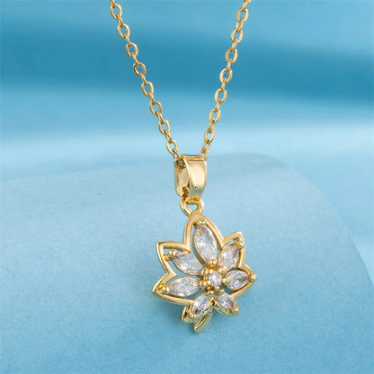 Simple Style Commute Maple Leaf Stainless Steel Plating Inlay Zircon Pendant Necklace