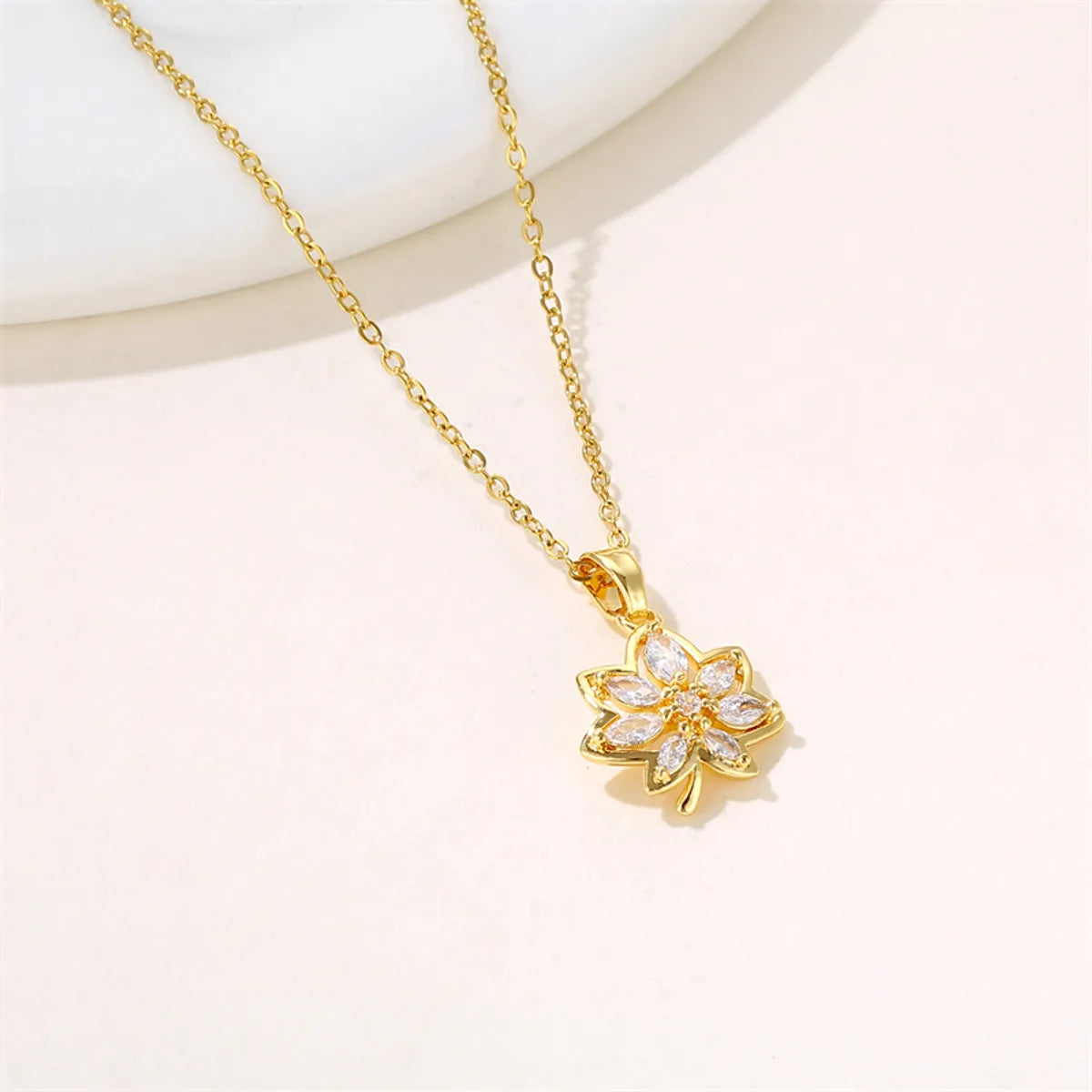 Simple Style Commute Maple Leaf Stainless Steel Plating Inlay Zircon Pendant Necklace