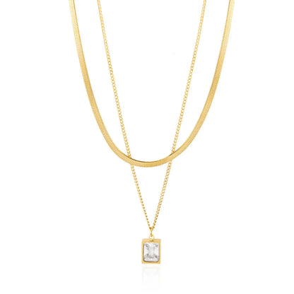 Simple Style Commute Rectangle Titanium Steel Plating Inlay Zircon Layered Necklaces