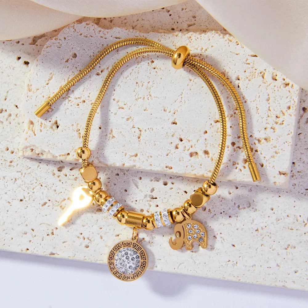 Simple Style Commute Round Elephant Key 304 Stainless Steel 18K Gold Plated Rhinestones Bracelets In Bulk