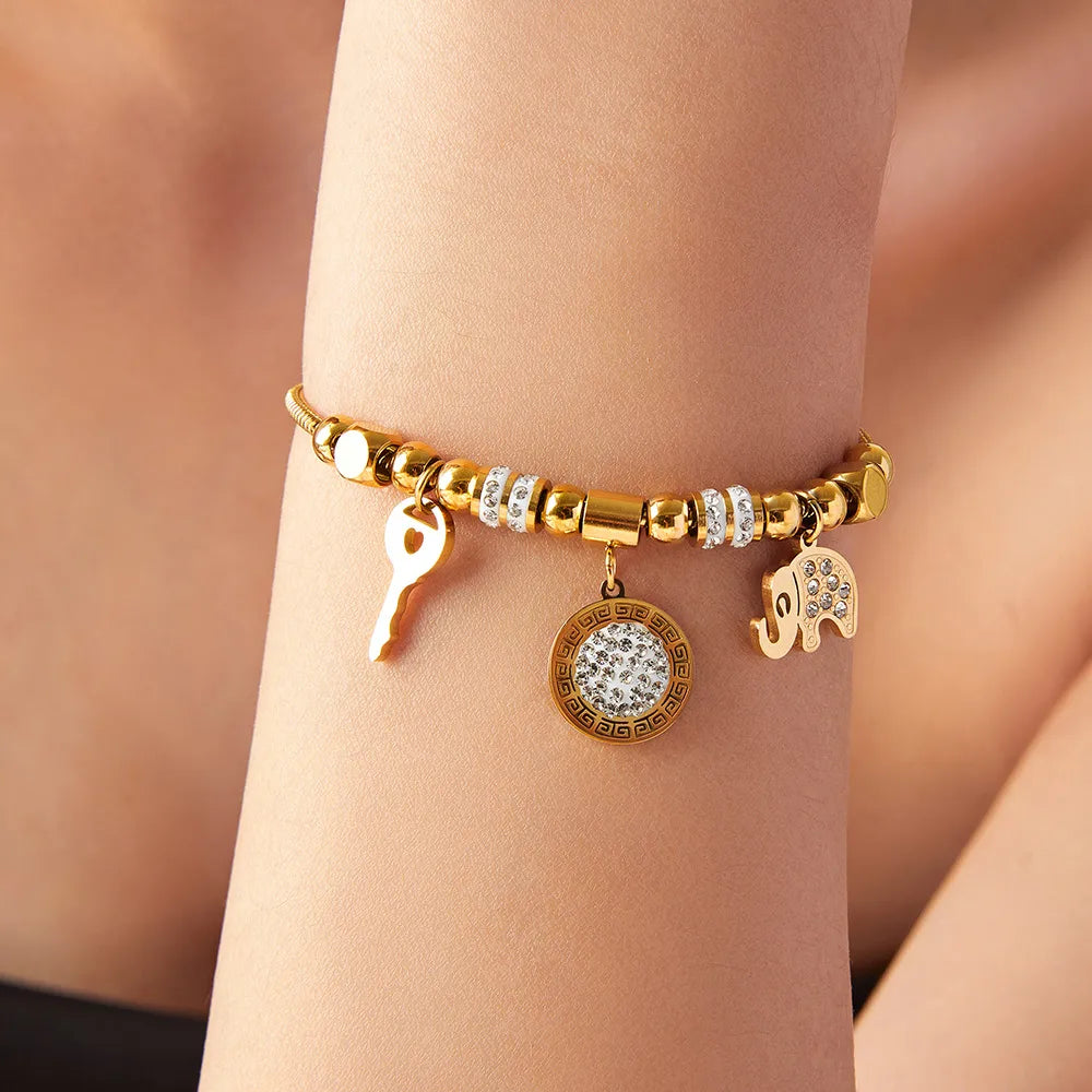 Simple Style Commute Round Elephant Key 304 Stainless Steel 18K Gold Plated Rhinestones Bracelets In Bulk