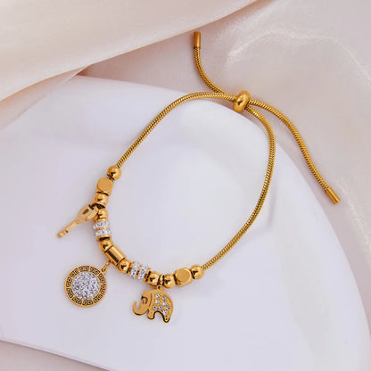 Simple Style Commute Round Elephant Key 304 Stainless Steel 18K Gold Plated Rhinestones Bracelets In Bulk