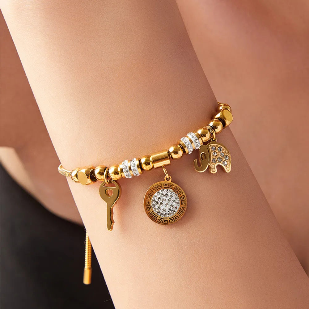 Simple Style Commute Round Elephant Key 304 Stainless Steel 18K Gold Plated Rhinestones Bracelets In Bulk