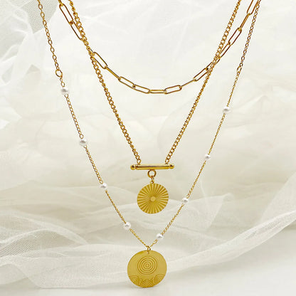 Simple Style Commute Round Stainless Steel Layered Pearl Plating Gold Plated Three Layer Necklace