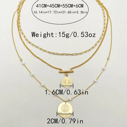 Simple Style Commute Round Stainless Steel Layered Pearl Plating Gold Plated Three Layer Necklace