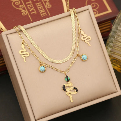 Simple Style Commute Snake Stainless Steel Plating Inlay Turquoise Zircon Earrings Necklace