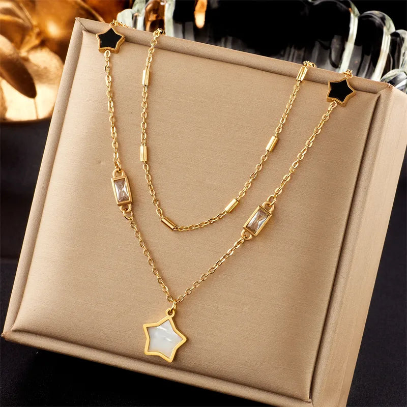 304 Stainless Steel 18K Gold Plated Simple Style Commute Plating Star Artificial Rhinestones Layered Necklaces