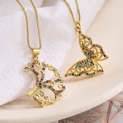 Simple Style Commute Tree Butterfly Copper Plating Inlay Zircon 18k Gold Plated Pendant Necklace