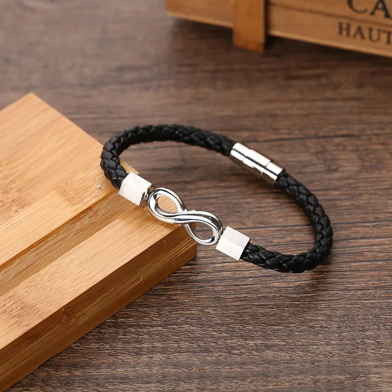 Simple Style Cool Style Infinity Pu Leather Titanium Steel Braid Men'S Bracelets