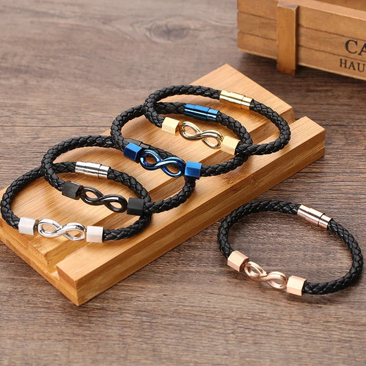 Simple Style Cool Style Infinity Pu Leather Titanium Steel Braid Men'S Bracelets