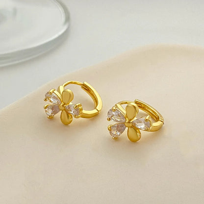 Simple Style Copper Micro Inlaid Zircon Flower Heart Earrings