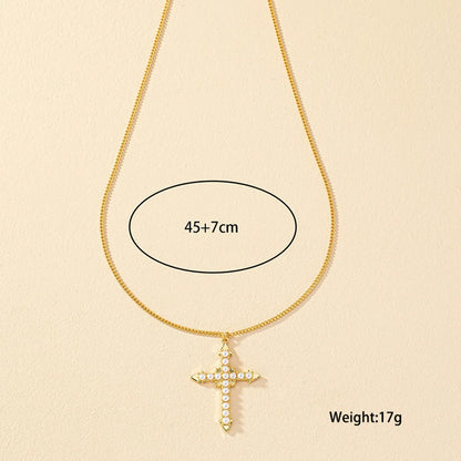 Simple Style Cross Alloy Plating Inlay Artificial Pearls Gold Plated Women's Pendant Necklace