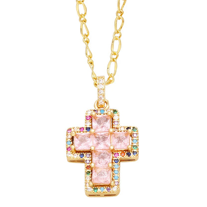 Simple Style Cross Copper 18k Gold Plated Zircon Pendant Necklace In Bulk