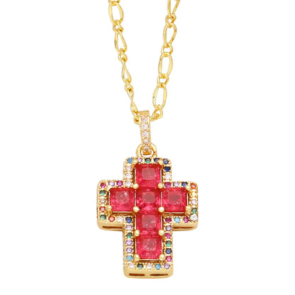 Simple Style Cross Copper 18k Gold Plated Zircon Pendant Necklace In Bulk