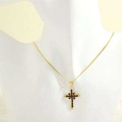 Simple Style Cross Copper 18k Gold Plated Zircon Pendant Necklace In Bulk