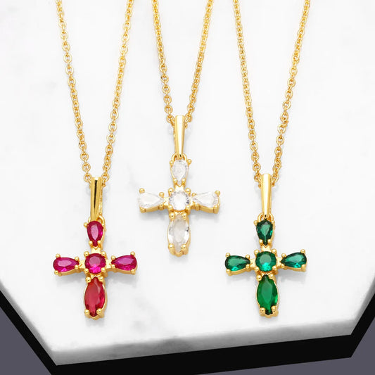 Simple Style Cross Copper Gold Plated Zircon Pendant Necklace 1 Piece