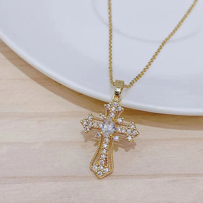 Simple Style Cross Copper Inlay Zircon Pendant Necklace