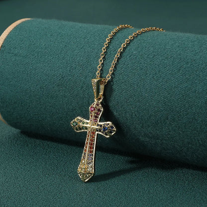 Simple Style Cross Copper Inlay Zircon Pendant Necklace